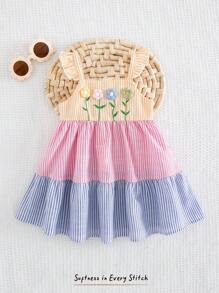Cozy Pixies Baby Girl 3D Floral Contrast Color Block Sleeveless Waist Fit Dress - Pink - View 6