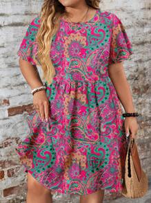 EMERY ROSE Plus Size Women's Pink Summer Boho Casual Loose Fit Round Neck Short Sleeve Dress,Beach Sundress,Holiday Vacation Outfits Chic Dress - Multicolor - View 1