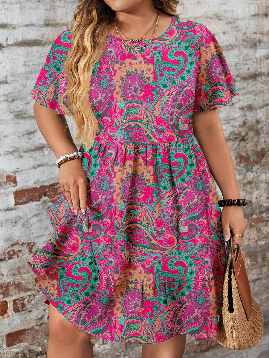 EMERY ROSE Plus Size Women's Pink Summer Boho Casual Loose Fit Round Neck Short Sleeve Dress,Beach Sundress,Holiday Vacation Outfits Chic Dress - Multicolor - View 1