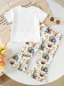 2 件年轻女孩简约时尚短袖 T 恤和裤子套装，适合夏季