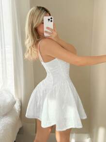 SHEIN ICON Spring And Summer White Flowy Beach Tea Party Going Out Sundress Short Elegant Solid Color Hollow Embroidered Slip Tea Party Mini Dress Easter Dress Women - White - View 8