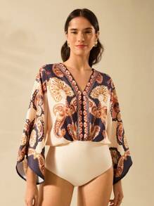 CAJUNI Ladies Boho Brown Tropical Paisley Print, Deep V-Neck Apricot One-Piece Suit, Holiday Casual Summer Beach One-Piece - Multicolor - View 3