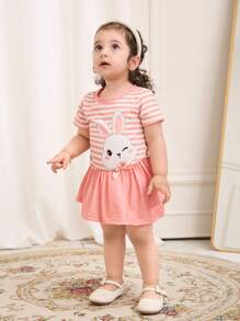 SHEIN Baby Girl Pink Contrast Striped Cute Rabbit Pattern Long Sleeve Knee-Length Knitwear Dress, Suitable For Outing, School And All Seasons, For Easter Gifts - Pink - View 5