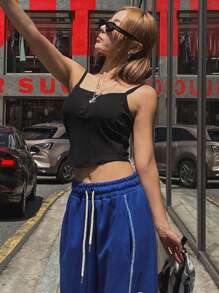 DAZY Women Square Neck Tight Fitted Basic Half Front Zip Up Camisole Y2k - Black - View 5