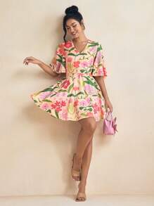 Miriam Omar Pink Floral Print V-Neck Butterfly Sleeve Tie Back Mini Dress Spring And Summer Dress For Women Vacation Sundress, Rave, Pastel, Prom Dress - Pink - View 5
