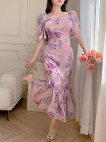 DAZY 情人节雪纺印花方领荷叶边中长连衣裙，女士碎花吊带裙，返校季服装，度假装扮 - 淡紫色 - 查看 5