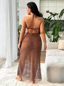 SHEIN Swim Curve 3 件套加大码女士泳衣套装，带网眼裙，夏季休闲沙滩装 - 彩色 - 查看 2