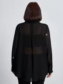 Chikora Blusa elegante de manga larga con decoración de rhinestones y malla, informal para negocios, talla grande para mujer