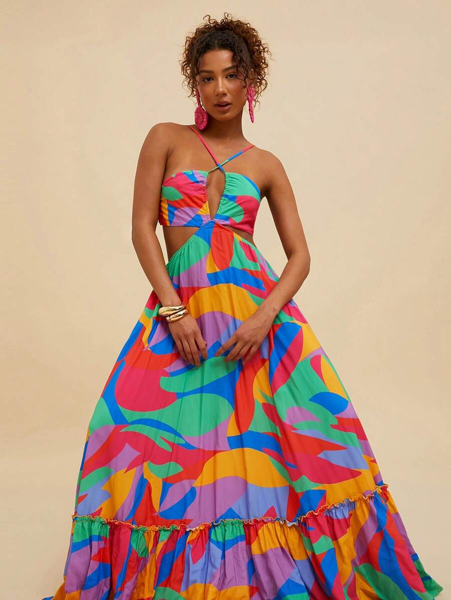 Travachic Robe femme extra longue avec imprimé géométrique tissé - Multicolore - View 1