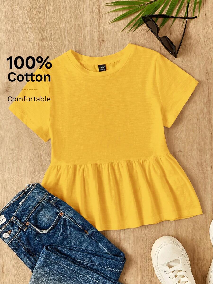 SHEIN EZwear 女士黄色针织圆领短袖荷叶边下摆休闲 T 恤 - 黃色 - 查看 1