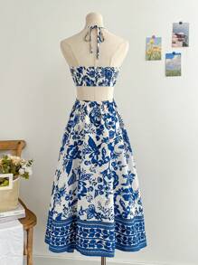 Soleia Blue & White Patterned Hollow Out Cinched Waist Romantic Casual Holiday Dress For Women, Suitable For Vacation, Date, Afternoon Tea, Music Festival, Bohemian