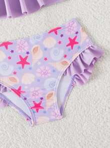 Conjunto de bikini para niñas pequeñas con volantes y estampado de conchas marinas, talla grande diadema, traje de baño de 3 piezas para bebé niña - Multicolor - Ver 3