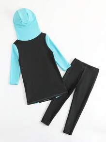 Young Girl Color Block Hooded Swimwear Top And Pants Set - Blue - View 1