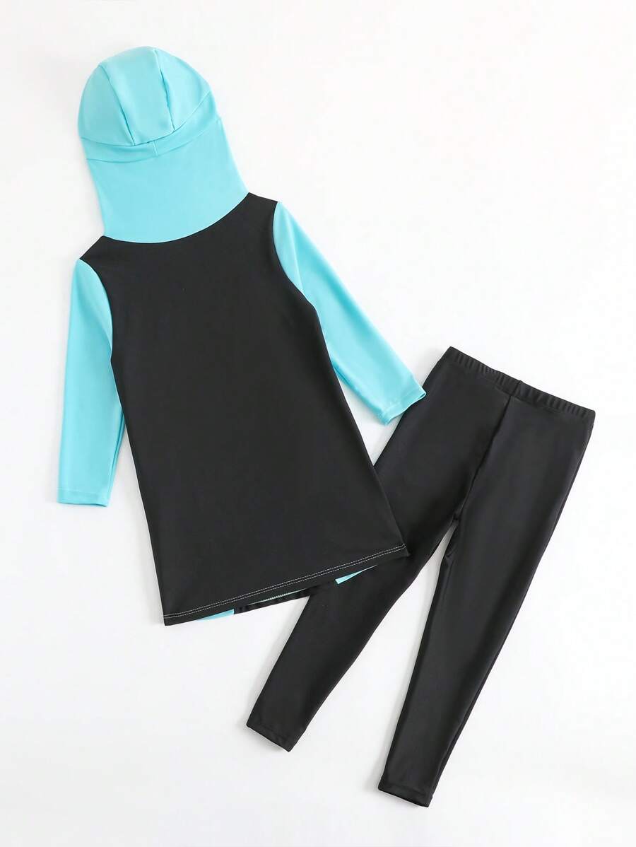 Young Girl Color Block Hooded Swimwear Top And Pants Set - Blue - View 1