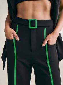 Floral Designer High Waist Color Block Black Wide-Leg Pants - Black - View 2