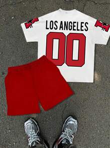Manfinity EMRG Men's Letter Print Crew Neck Short Sleeve Casual T-Shirt And Drawstring Waist Shorts Set