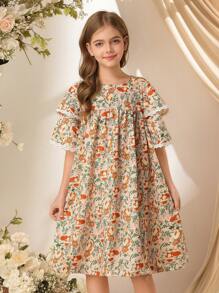 Tween Girls Sweet Animal & Ditsy Floral Double Ruffle Sleeve Flared Dress - Multicolor - View 7