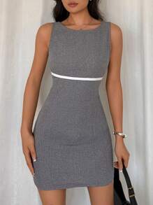 Rafferiza Women's Sleeveless Mini Dress With Back Cut-Out And Bow Decor, Contrast Color - Grey - View 5
