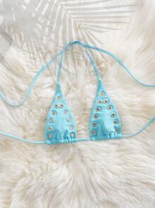 Hollowed Sexy Beach, Rivet Decor Party Music Festival Everyday Casual Vacation Beach Pool Swimwear Bikini Top For Summer - Baby Blue - View 4