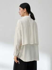 Dazy-Less 女士商务休闲亚麻纯色宽松长袖雪纺衬衫学院风上衣，秋季女装 - 白色 - 查看 5