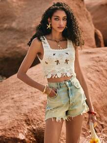 Poéselle Hollow Out Embroidered Beaded Crochet Sleeveless Knit Top, Spring/Summer - White - View 3