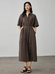 Dazy-Less Women's Casual Business Style Tie-Waist Shirt Dress, Mid-Length Short Sleeve Summer Old Money Style Sundress,Teacher Outfits - Coffee Brown - View 2