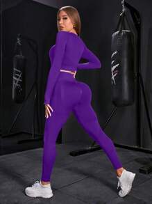Women's Solid Color Long Sleeve & Long Pants Seamless Activewear Set - Purple - View 2