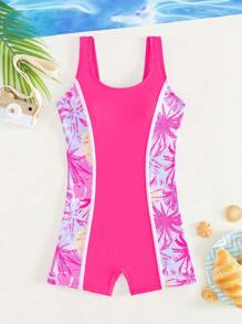 SHEIN Tween Girls One-Pieces - Basic & Minimalist One-Piece Swimsuit. Features Multi-Color Floral And Leaf Digital Print, Soft Knitted Fabric, And A Classic Boyleg Cut. A Stylish, Casual, And Elegantly Simple Design. Perfect For Swimming, Summer Vacations, Beach Trips, Pool Parties, And Holiday Leisure. - Hot Pink - View 1