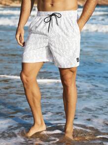 Manfinity VDAYZ Men's All-Over Print Drawstring Waist Beach Shorts, Casual Men Swim Trunks - White - View 4