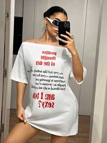SHEIN ICON Spring And Summer Off The Shoulder Graphic Going Out Letter Women Off Shoulder Short Sleeve Letter Print White Dress - White - View 6