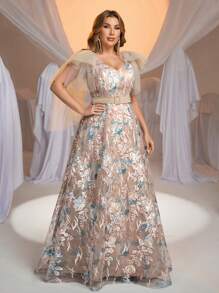 Glamrae Vestido de noche elegante y romántico de talla grande con cuello en V gris, hombros de malla, tirantes con moño y borde bordado A-line de largo hasta el suelo