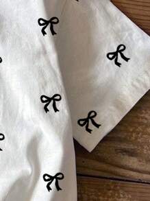 SHEIN Leap Crew 青少年女孩可爱蝴蝶结印花休闲宽松针织 T 恤，夏季 - 彩色 - 查看 5