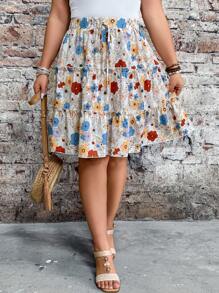 Breezaya Women Plus Size High Waist Streamlined Floral Print Ruffle Hem Skirt