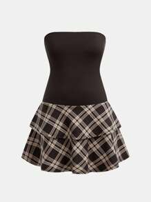 SHEIN Teen Girl Brown Contrast Plaid Casual Sports Cake Skirt Dress