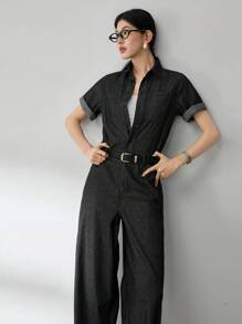 Dazy-Less Women's Summer Casual Button-Front Denim Jumpsuit Old Money Style - Black - View 3