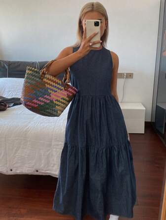 DAZY New Season Spring Style Resort Denim Dress For Women,Ruffle