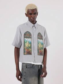 SUMWON Stained Glass Church Window Design Button Down Shirt Artistic Cathedral Print Gothic Architecture Regular Fit Casual Fall Holiday Short Sleeve Streetwear