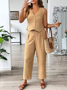 Flirla 2 pièces ensemble grande taille : Gilet sans manches décontracté et pantalon