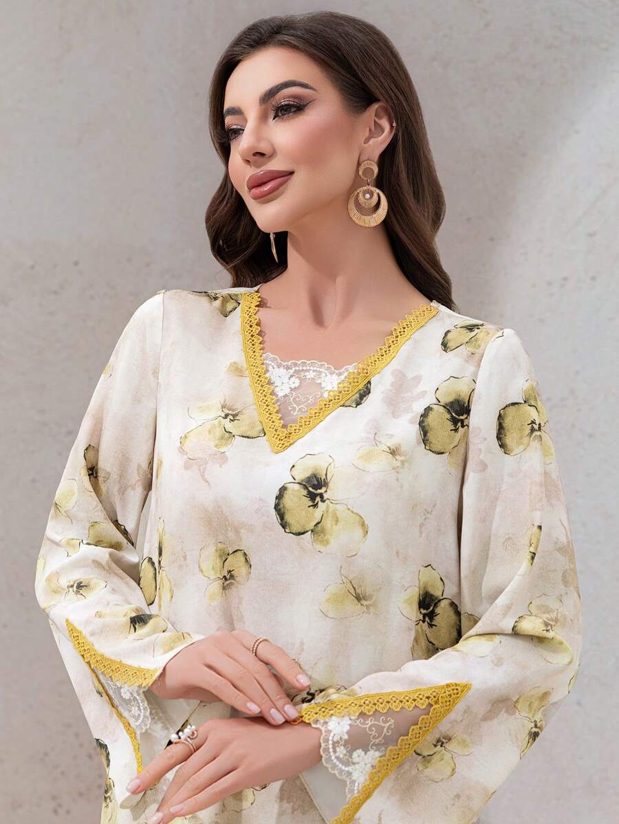 Al Najma 女士优雅派对拼布花卉丝带宽松长款开衫，朴素的卡夫坦