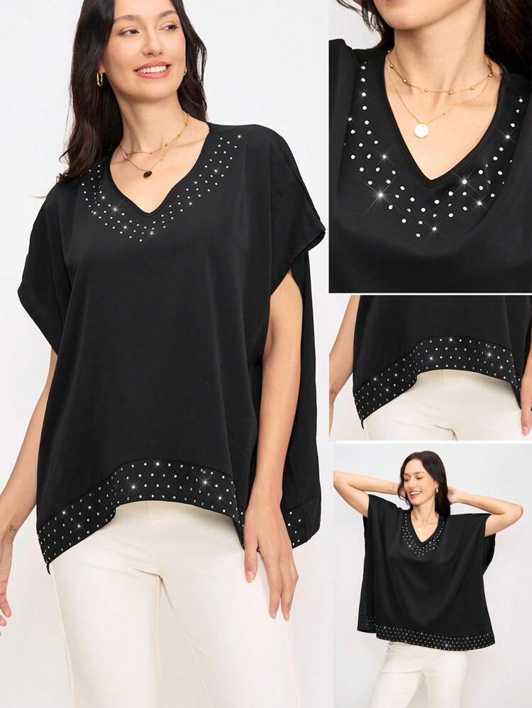 Women's Black Crystal Embellished Blouse, Suitable For Party And Social Occasions, Spring/Summer