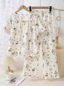 青少年女孩纹理面料碎花正面蝴蝶结细节褶皱休闲 2 件短裤袖上衣和裤子家居服套装 - 彩色 - 查看 3