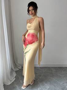 Selianne Vestido sin mangas con estampado floral y parches de malla, incluye bufanda - Amarillo - Ver 3