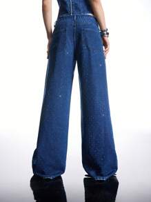 LYSMO 女士时尚水钻装饰低腰阔腿牛仔裤 - 藍色 - 查看 2