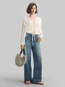 Ontre 2025 Spring & Summer Women's Solid Color Front Tie Ruched Long Sleeve Fashionable Blouse, Suitable For Everyday Wear - White - View 3