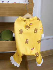 PETSIN Yellow Spring/Summer Simple Casual Home Wear Bear & Mushroom Print Hollow Ruffle Cuff Wearable & Leash Friendly Soft Pet Jumpsuit