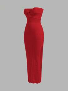 SHEIN Privé Gaun Maxi Simpul Putar Elegan untuk Wanita - Merah - View 3