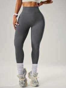 SHEIN Sport Studio Pantalones deportivos de cintura alta de unicolor y diseño minimalista para mujer - Ropa deportiva casual