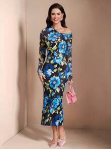 Chiquease Women Elegant Floral Print Mid-Length One-Shoulder Dress Fall Cloth For Women - Multicolor - View 1