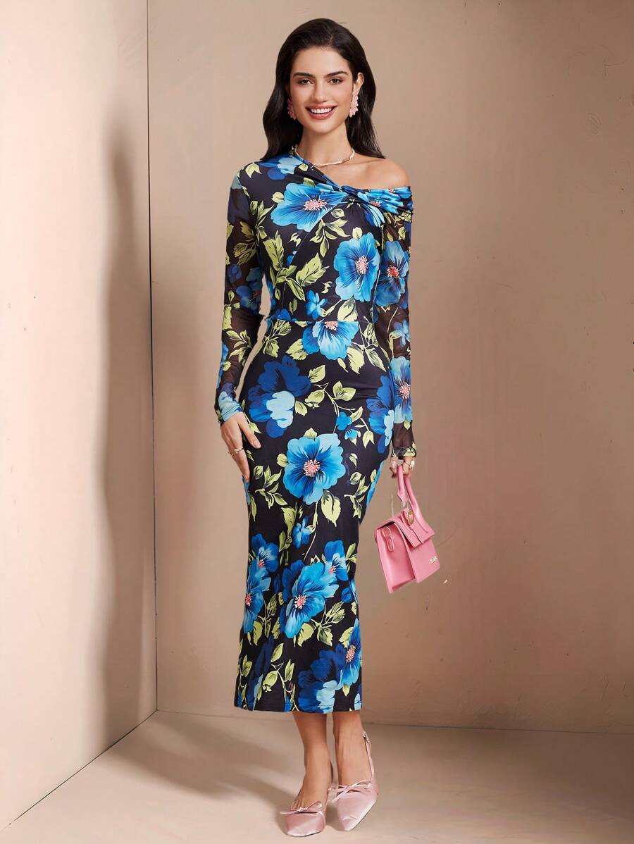 Chiquease Women Elegant Floral Print Mid-Length One-Shoulder Dress Fall Cloth For Women - Multicolor - View 1
