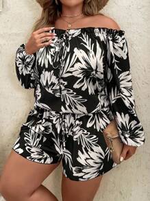 Breezaya Plus Size Women Tropical Floral Print Off-Shoulder Lantern Sleeve Top And Shorts 2pcs Set - Multicolor - View 1